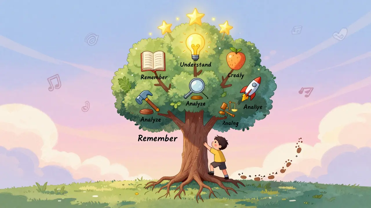 Дерево с корнями и ветвями, символизирующее развитие когнитивных навыков от запоминания к созданию нового.