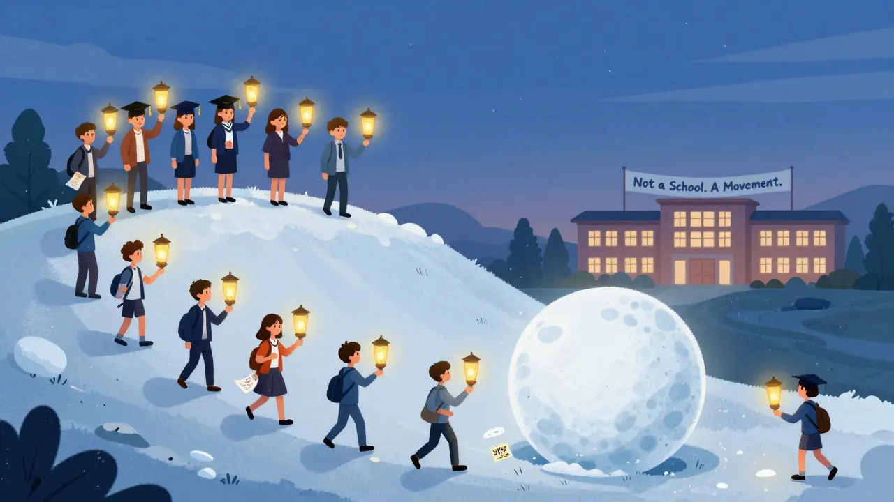 Группа учеников несёт фонарики, а снежный ком растёт, собирая новых участников сообщества.