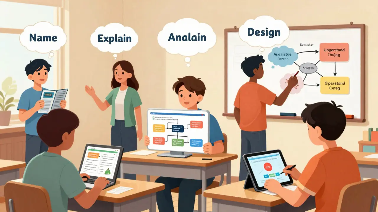Классная комната, где ученики выполняют разные задания в соответствии с уровнями таксономии Блума.