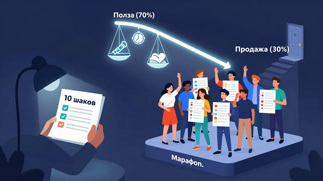 Контраст между одиночным чтением PDF и активным участием в марафоне — акцент на пользе, а не продажах.