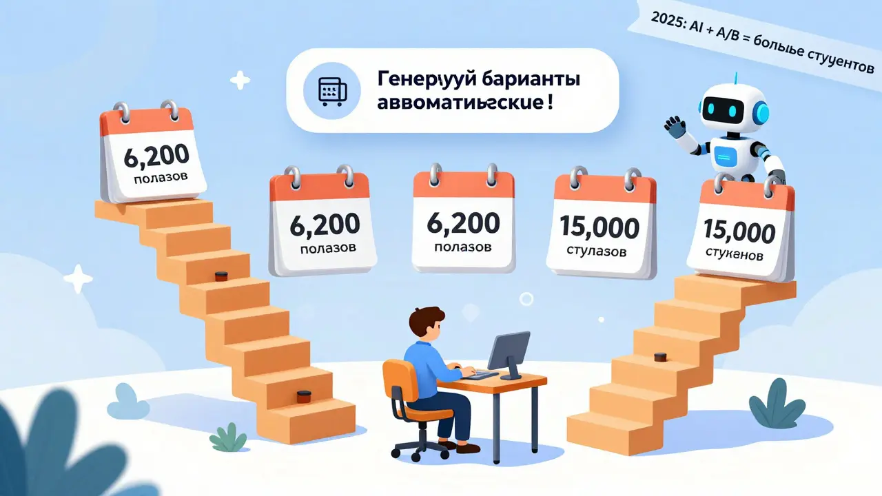 Маленький владелец школы с маленьким бюджетом поднимается по ступеням к 6200 показам, над ним — ИИ предлагает автоматизацию.