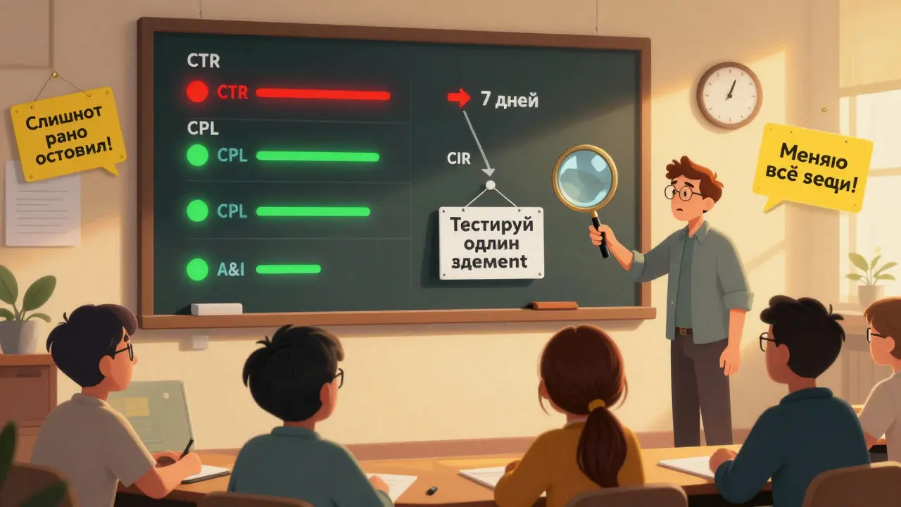 Маркетологи смотрят на панель метрик, учитель показывает на часы с надписью '7 дней' — важность статистической значимости в A/B тестировании.