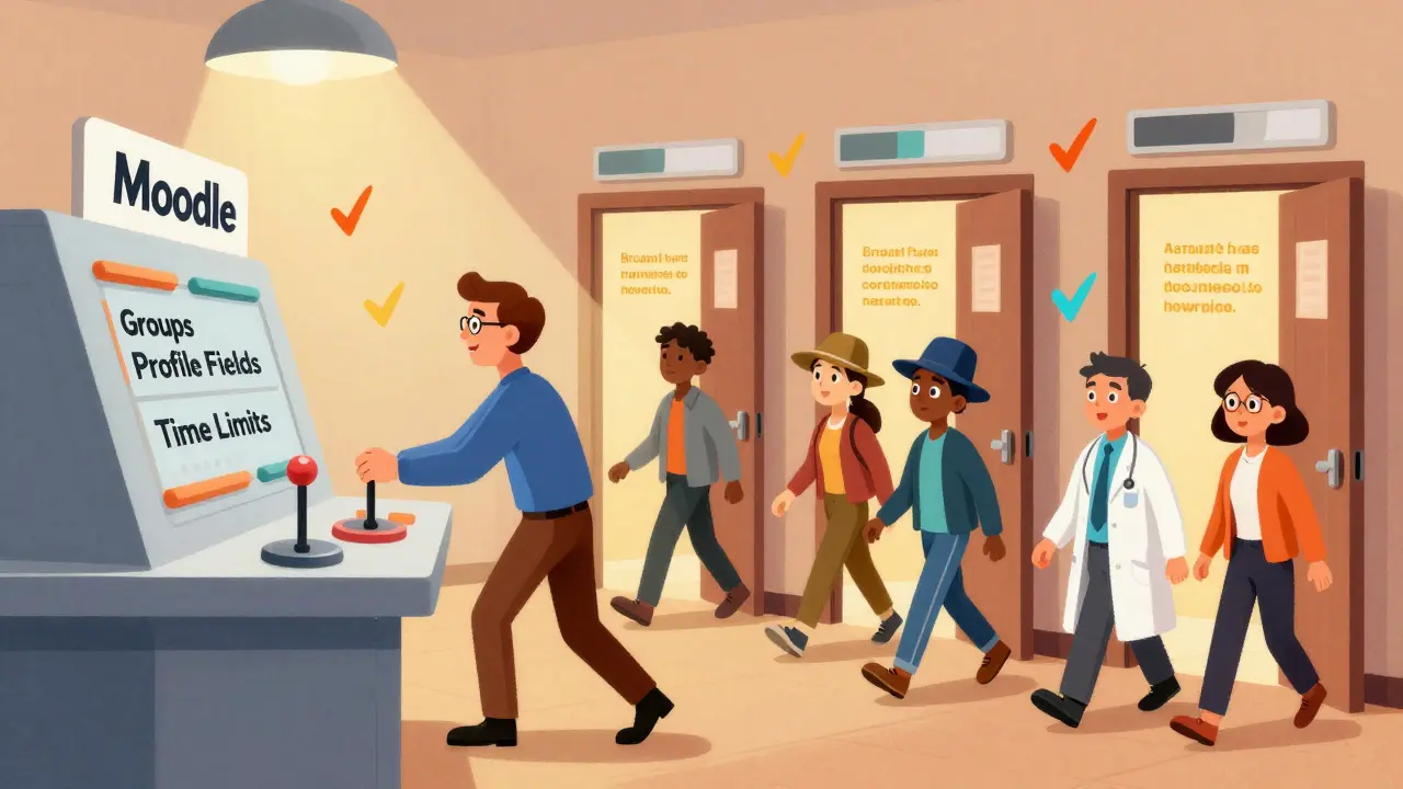 Преподаватель настраивает систему доступа к курсу, а студенты с разными профилями проходят через соответствующие двери.