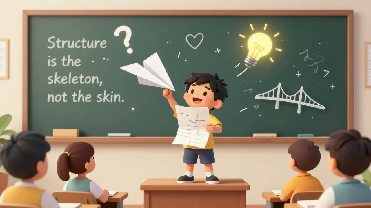 Ребёнок поднимает переписанный текст, который превращается в бумажный самолёт, вокруг — плавающие символы мысли, эмоции и связи.