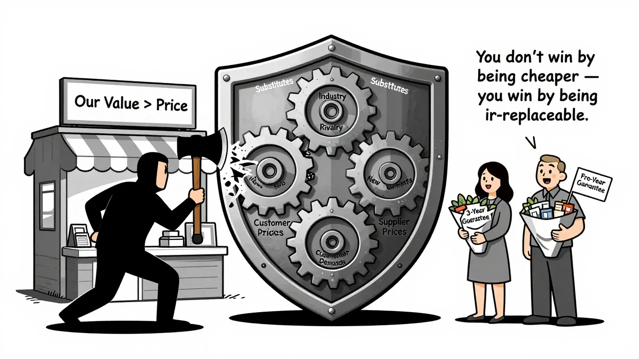 Щит из пяти шестеренок защищает магазин от ценовой атаки, клиенты держат пакеты с выгодами