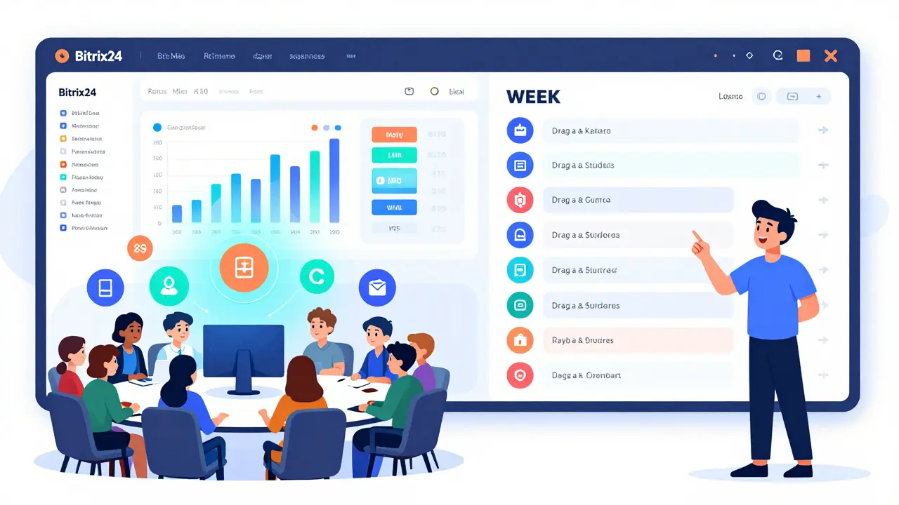Сравнение перегруженного Bitrix24 и простой системы WEEEK для команды онлайн-школы.