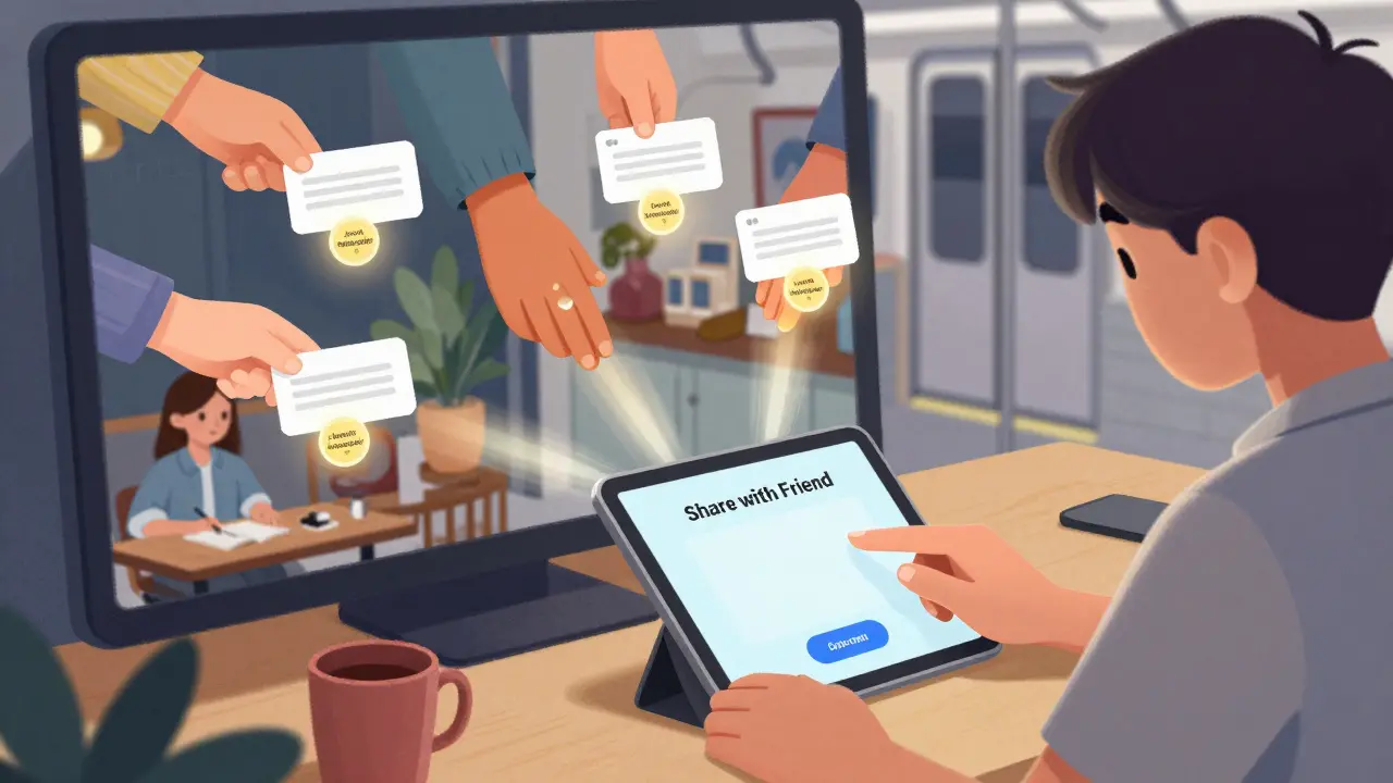 Студент нажимает кнопку 'Поделиться', и цепочка людей получает персональное приглашение.