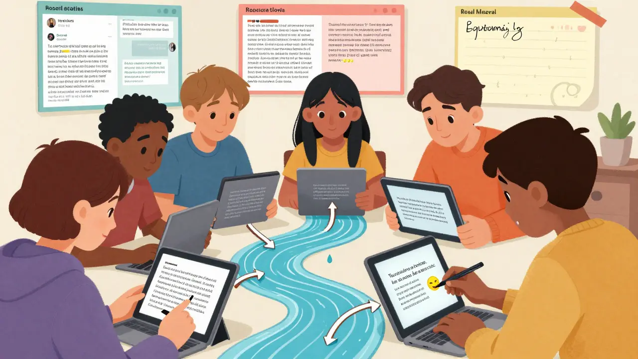 Студенты анализируют анимированные тексты на планшетах, где абзацы превращаются в реки с мостами между идеями, рядом — реальные тексты из жизни.