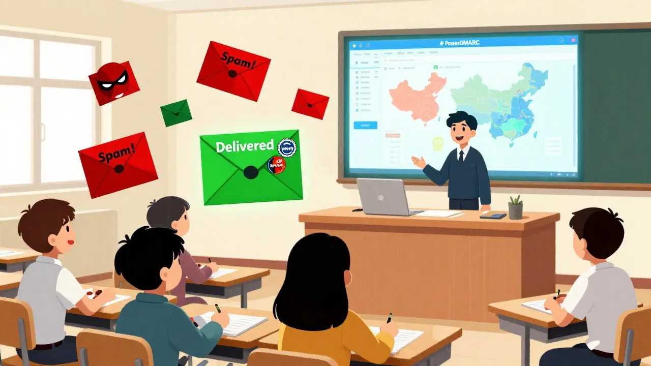 Студенты получают письма: одни доставлены, другие — в спаме, над классом — панель PowerDMARC с картой атак.