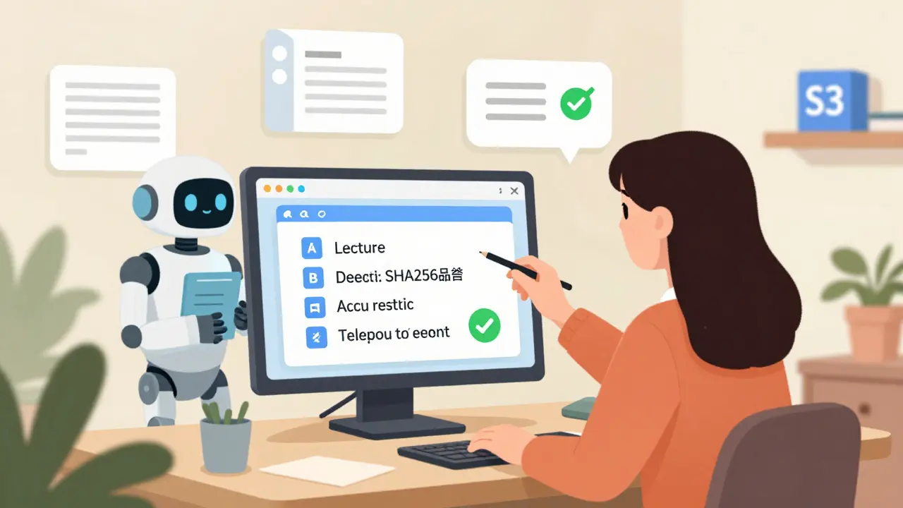 Teacher uploading video while AI auto-tags, backs up, and sends notification — simple interface in a cozy classroom.