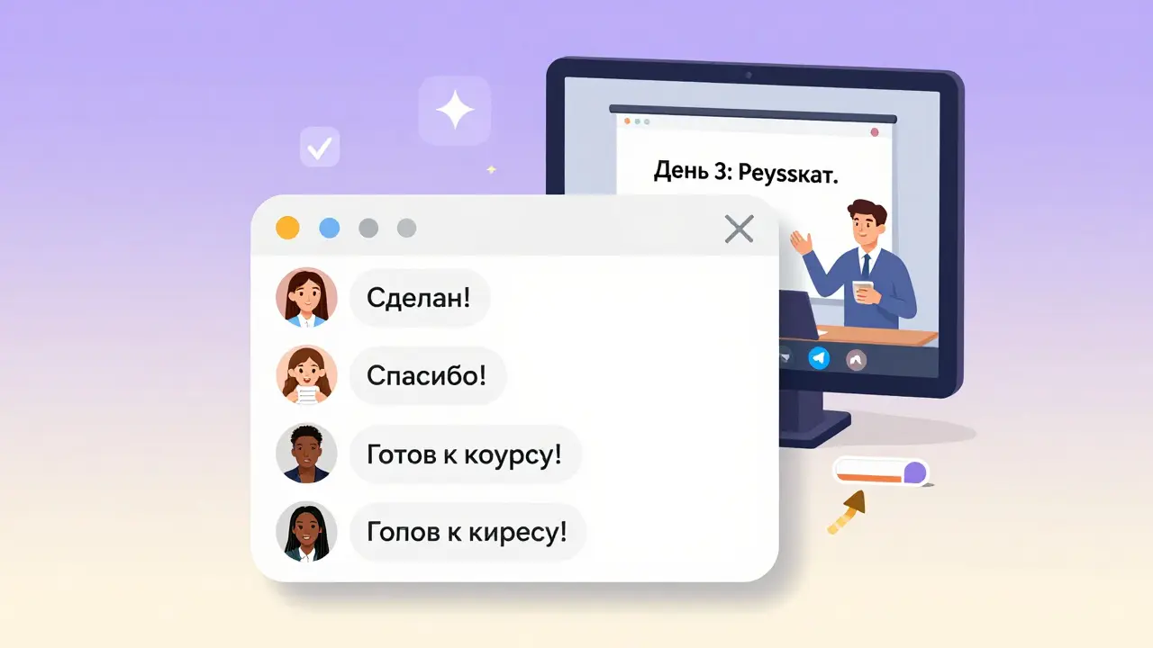 Telegram-чат с участниками марафона, обменивающимися прогрессом и благодарностями, в тёплой атмосфере сообщества.