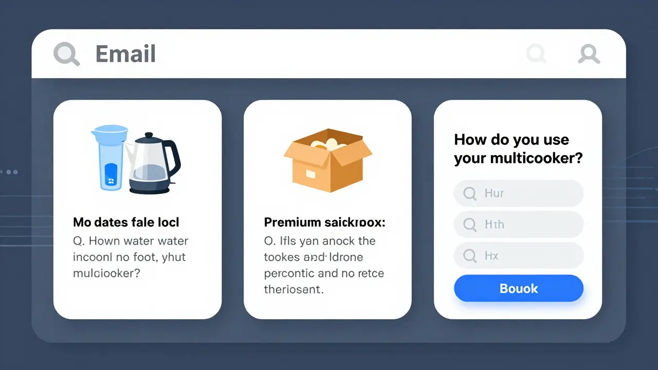 Три персонализированных письма в почтовом ящике: фильтр для воды, премиум-набор еды и интерактивный опрос о мультиварке.