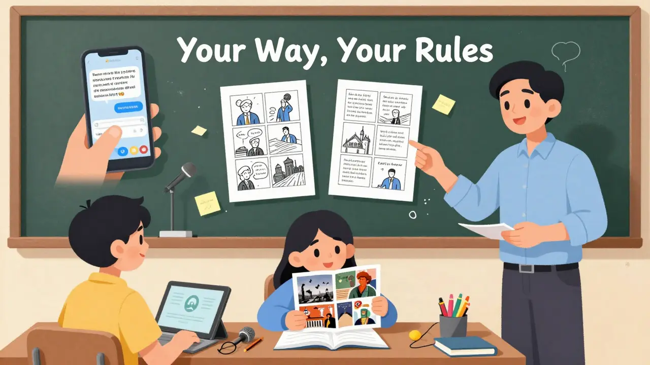 Ученики демонстрируют понимание через аудио, комиксы, коллаж и устную презентацию — выбор доступен всем.