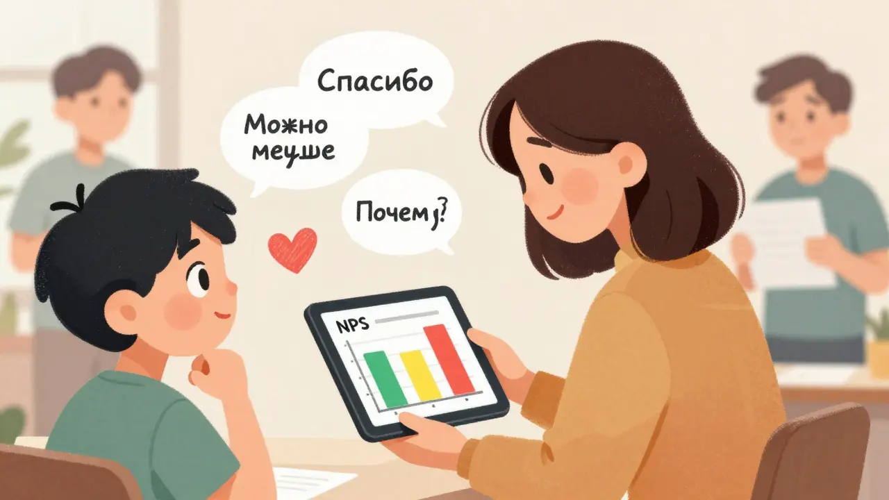 Учитель показывает родителю диаграмму NPS с цветными столбиками, ребенок рисует сердце на стене.