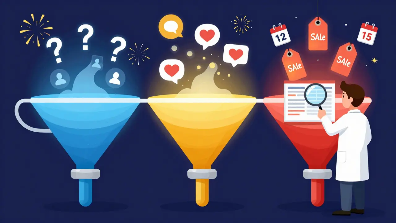 Воронка продаж с иконками аудитории и потоками данных, управляемая человеком с лупой.