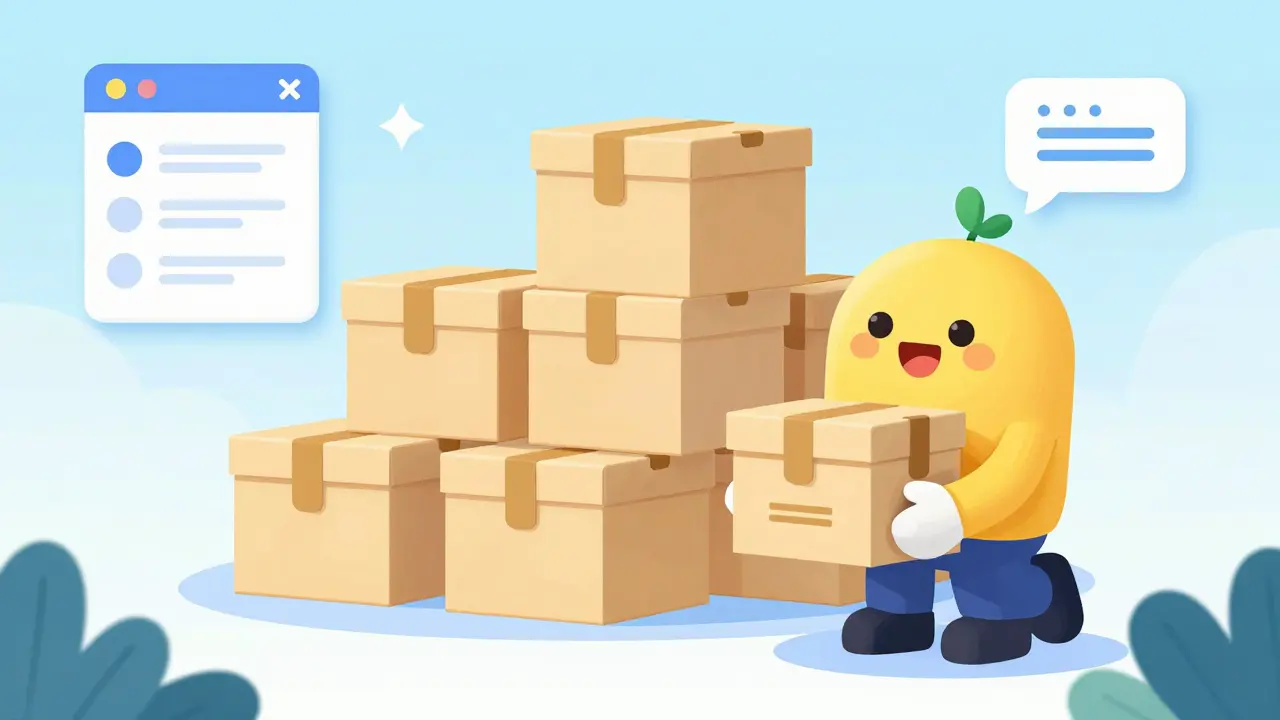 Человек с коробкой знаний и аккуратными элементами интерфейса вокруг.