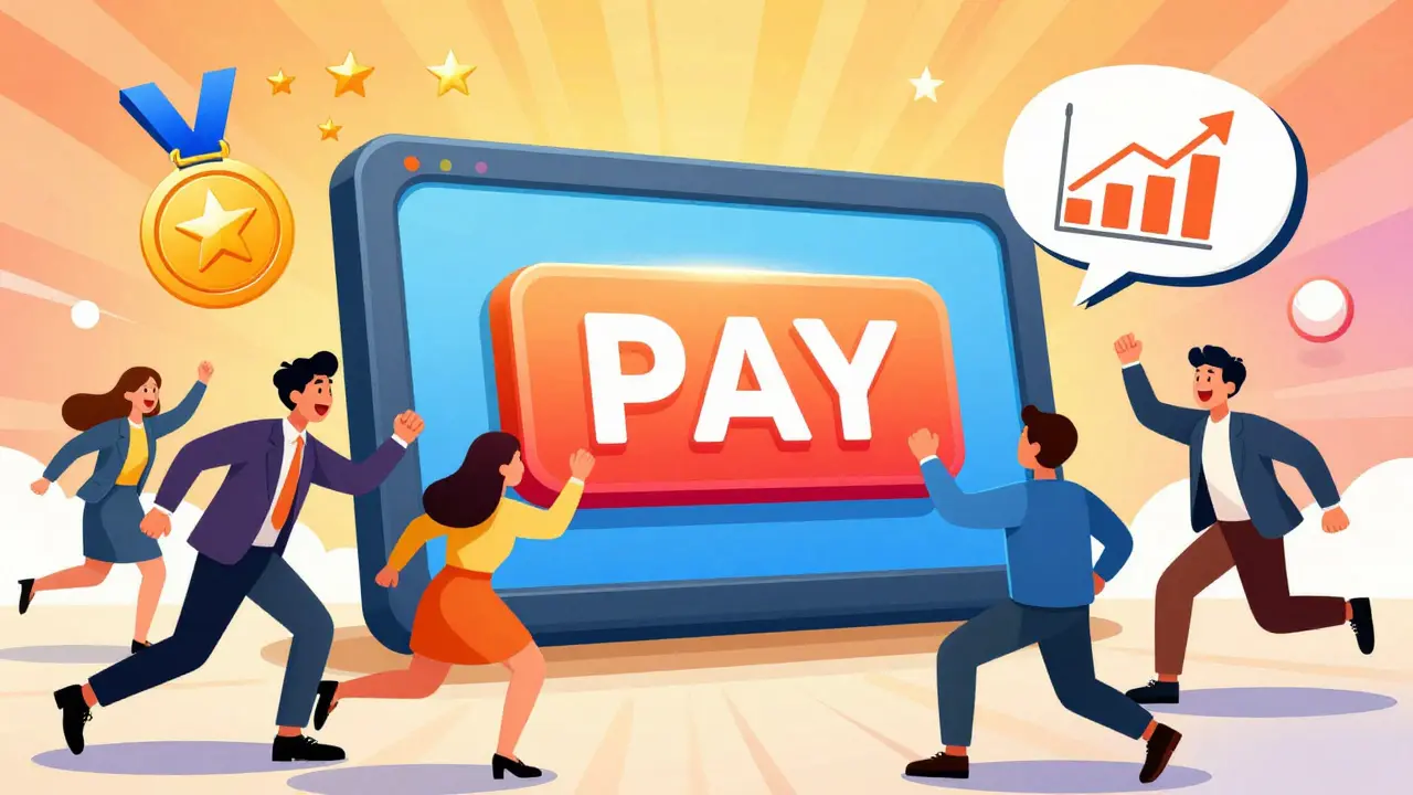 Группа счастливых покупателей, стремящихся нажать кнопку оплаты привлекательного предложения