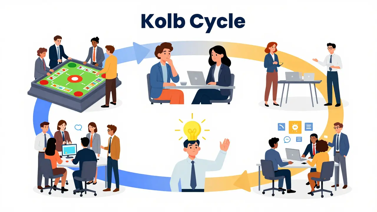 Иллюстрация четырех этапов цикла обучения Колба для бизнес-специалистов.