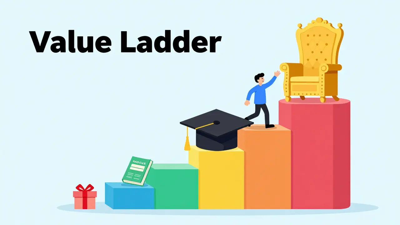 Иллюстрация лестницы ценности: от бесплатного лид-магнита до дорогого VIP-наставничества