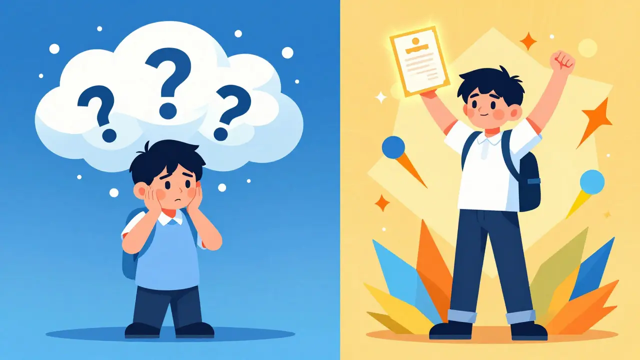 Иллюстрация трансформации ученика из состояния растерянности в успех