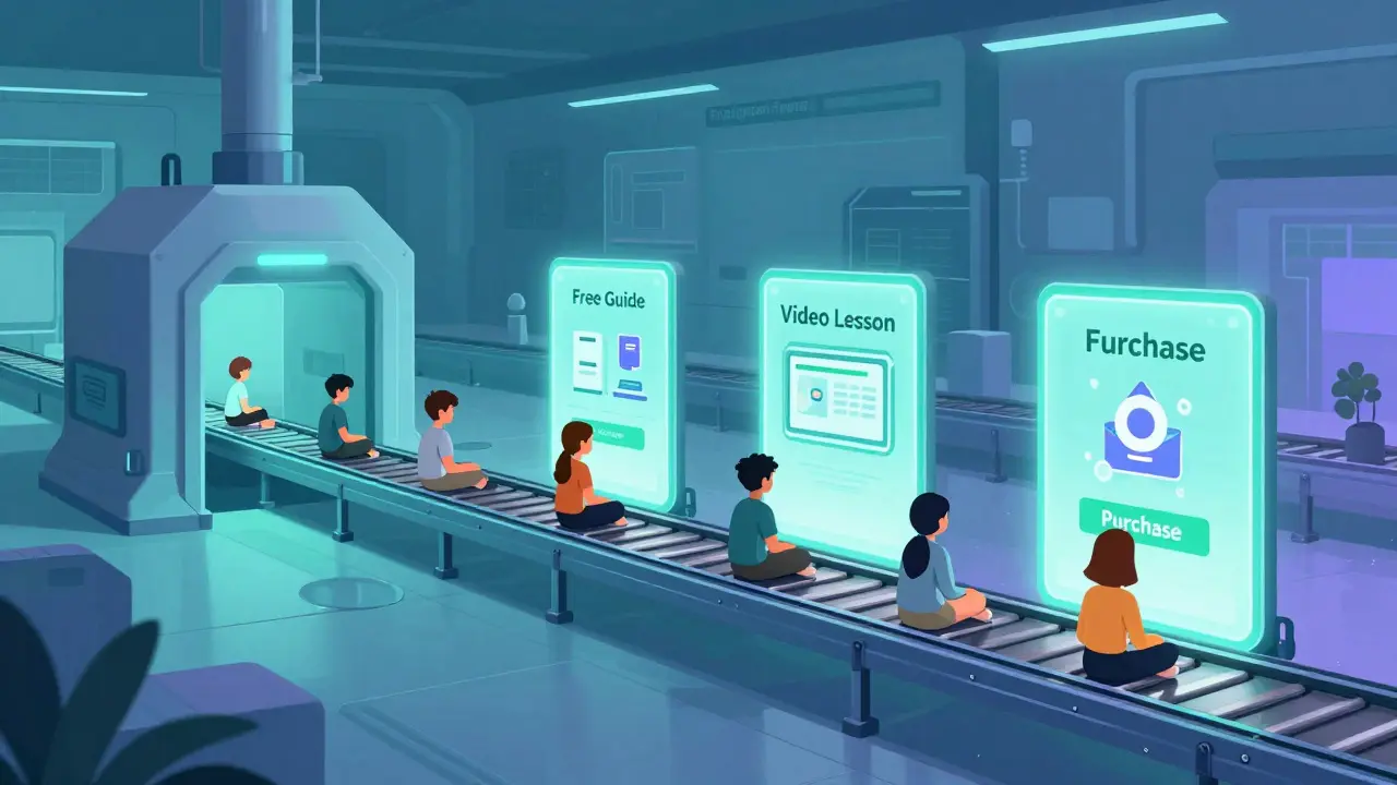 Иллюстрация в стиле Atoomstijl: автоматизированная воронка продаж как высокотехнологичный конвейер