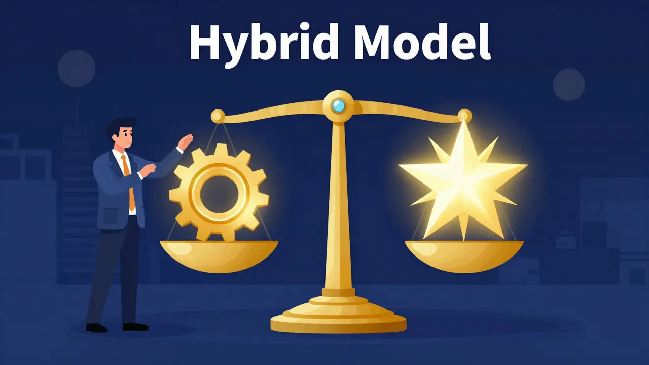 Иллюстрация в стиле Atoomstijl: гибридная модель продаж, объединяющая автоматизацию и живые запуски