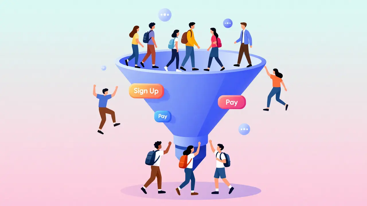 Иллюстрация воронки конверсии: путь посетителя от входа на сайт до оплаты курса