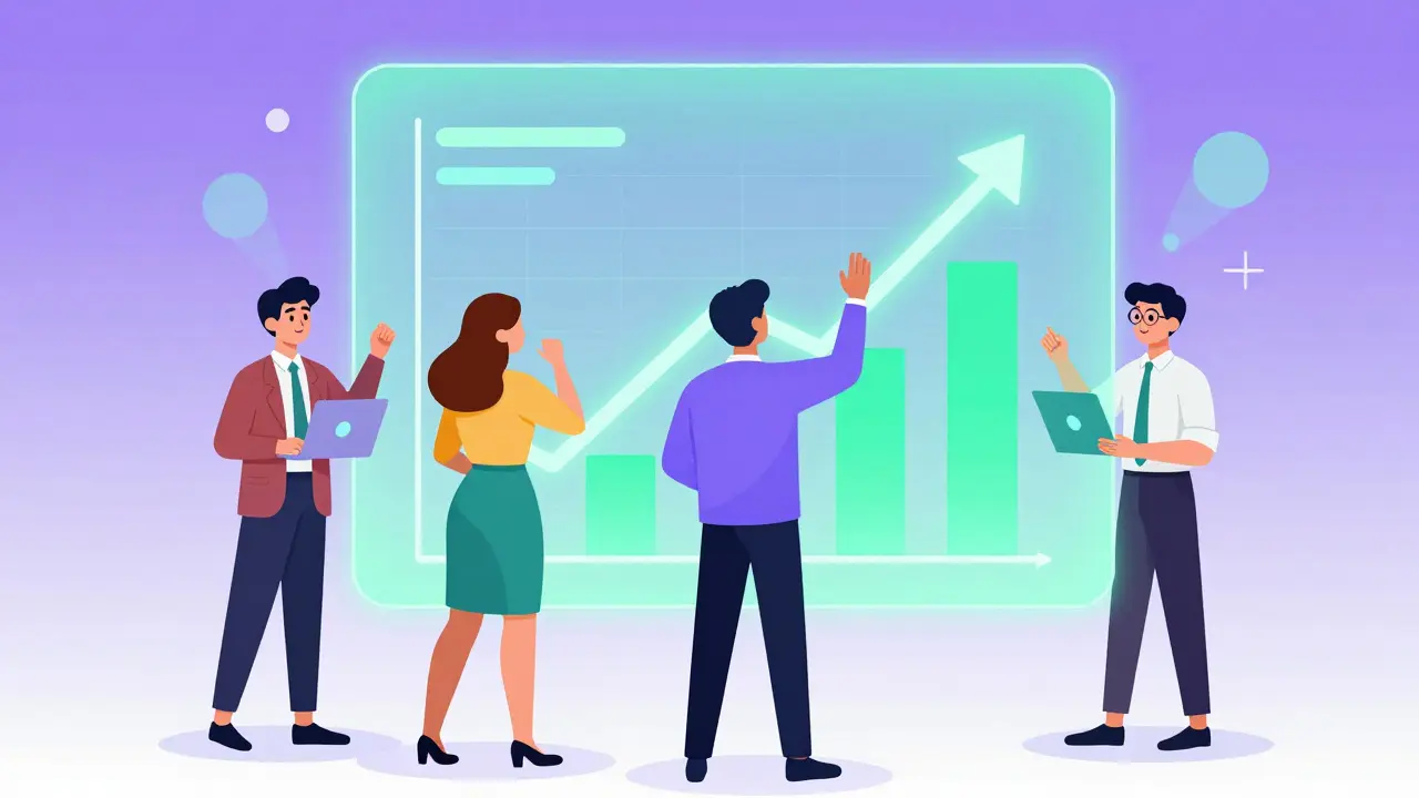 Команда специалистов анализирует растущий график выручки школы