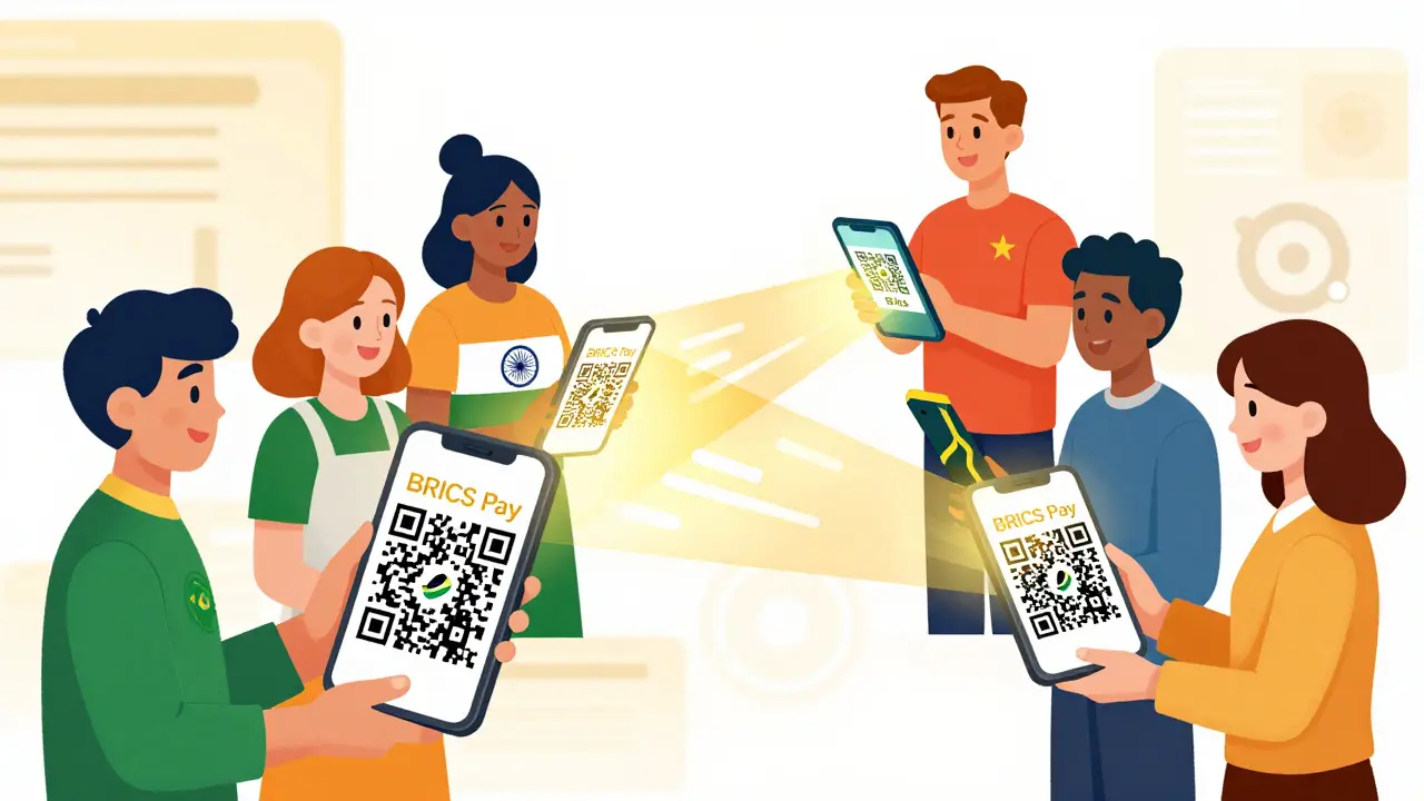 Люди разных стран оплачивают курс через QR-коды BRICS Pay в стиле Atoomstijl