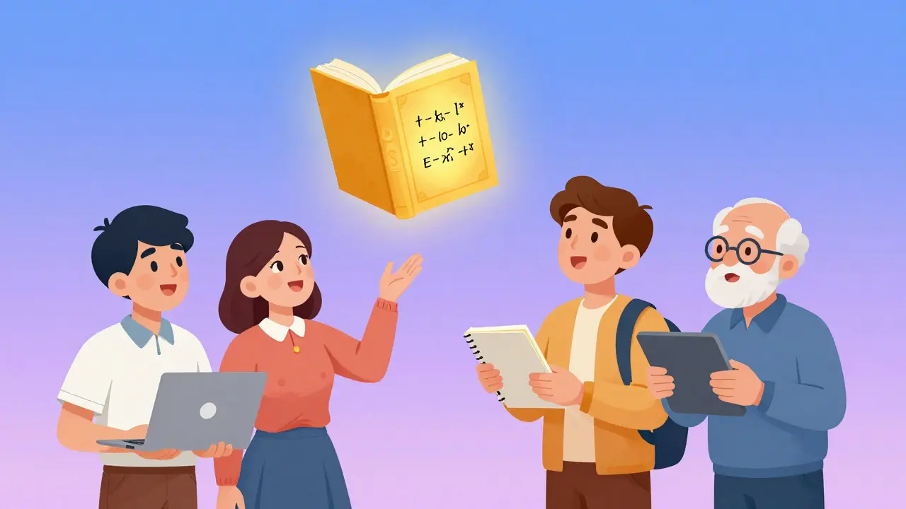 Люди разных возрастов изучают светящуюся книгу фундаментальных знаний.