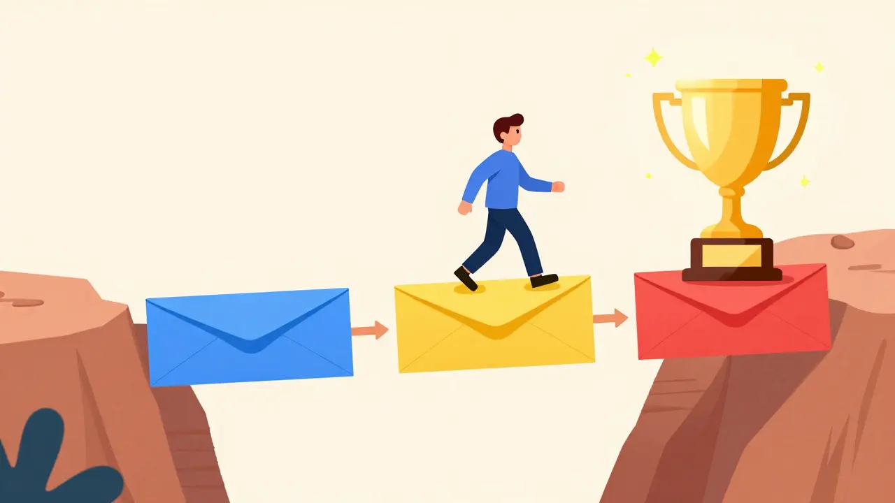 Персонаж переходит по мосту из разноцветных конвертов к золотому трофею в стиле Atoomstijl.