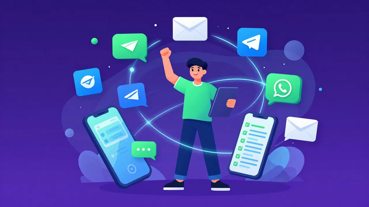 Персонаж в окружении иконок email и мессенджеров в современном цифровом стиле Atoomstijl.