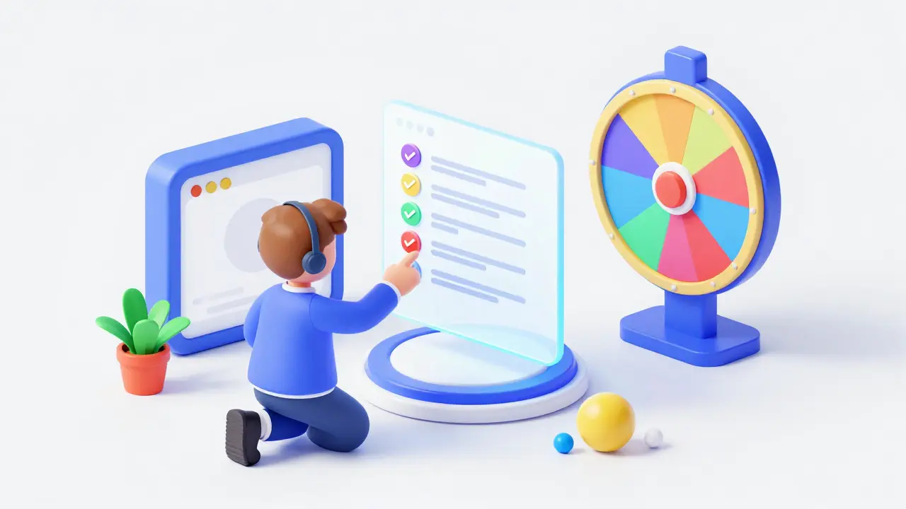 Персонаж взаимодействует с интерактивным квизом и чек-листом в современном цифровом пространстве.