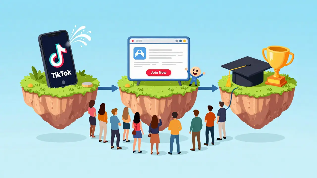 Схема воронки продаж от коротких видео до покупки образовательного курса.