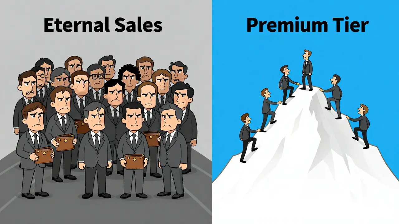 Сравнение двух путей: путь вечных распродаж с недовольными клиентами и путь премиального ценообразования