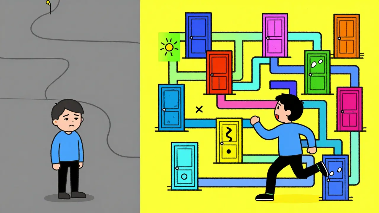 Сравнение скучного линейного пути и захватывающего интерактивного лабиринта