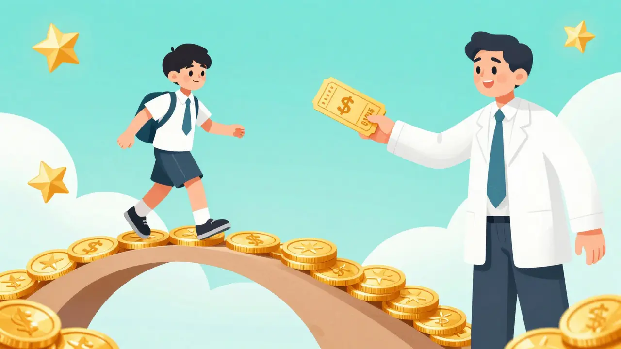 Стилизованное изображение эксперта, вручающего лояльному ученику золотой билет с персональной скидкой