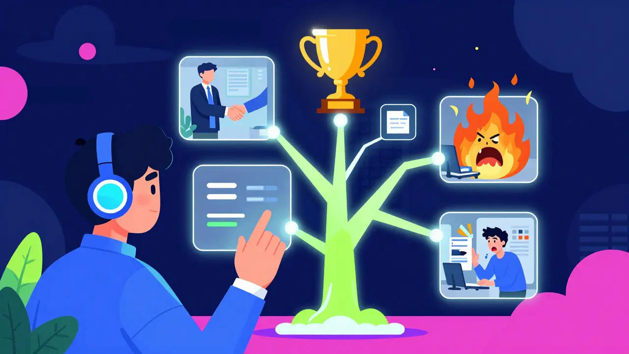 Студент взаимодействует с голографическим деревом выбора в цифровом симуляторе обучения.