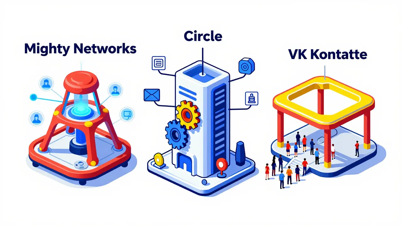 Сравнение платформ Circle, Mighty Networks и ВК в виде стилизованных зданий