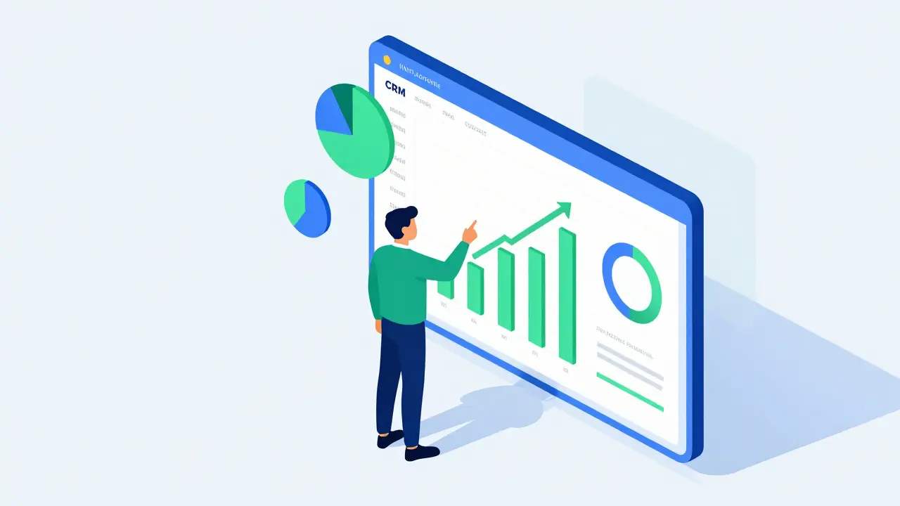 Иллюстрация менеджера, анализирующего метрики роста продаж в CRM