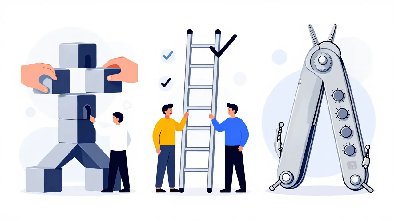 Абстрактное сравнение трех систем управления проектами в стиле карикатуры
