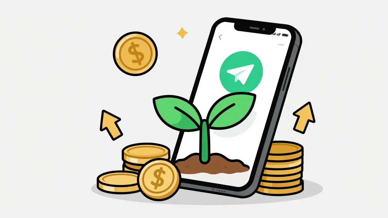 Растущее растение из смартфона с монетами, символизирующее рост бренда