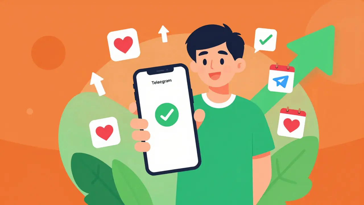 Счастливая студентка оплачивает курс в Telegram, окруженная символами роста