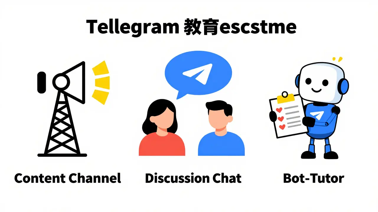 Три столпа обучения в Telegram: канал, чат и бот-тьютор в стиле карикатуры