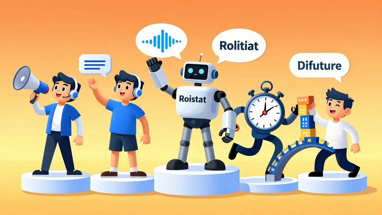 Illustration of five characters representing different analytics services on pedestals