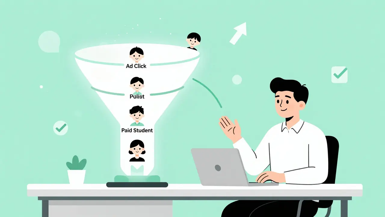 Relaxed school owner viewing a unified customer journey funnel with positive results
