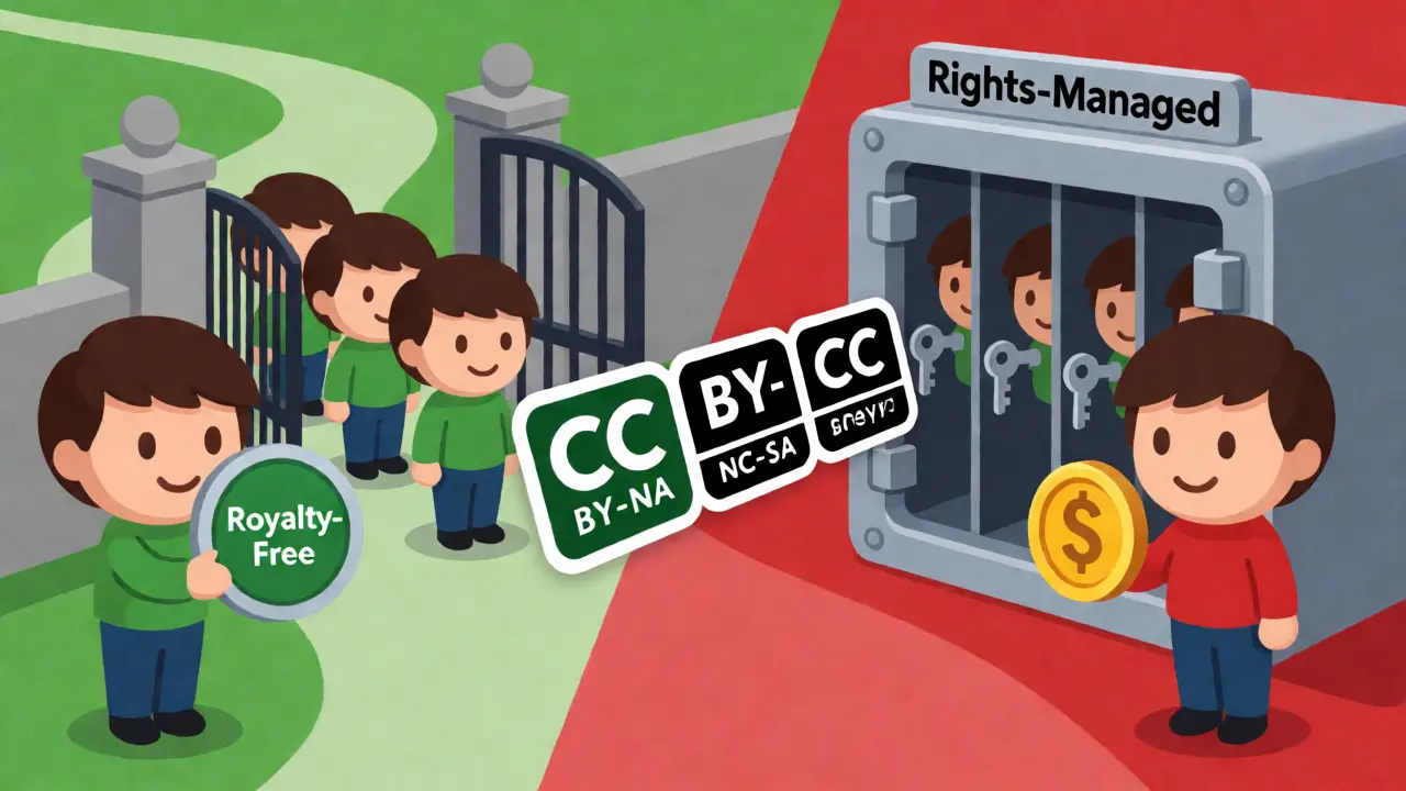 Сравнение лицензий Royalty-Free и Rights-Managed в стиле атомстиль