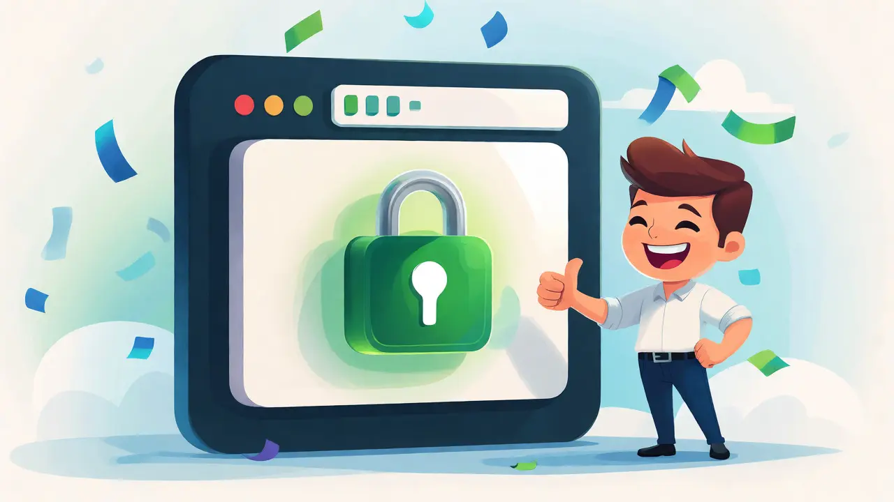 Персонаж рядом с браузером и зеленым замком SSL