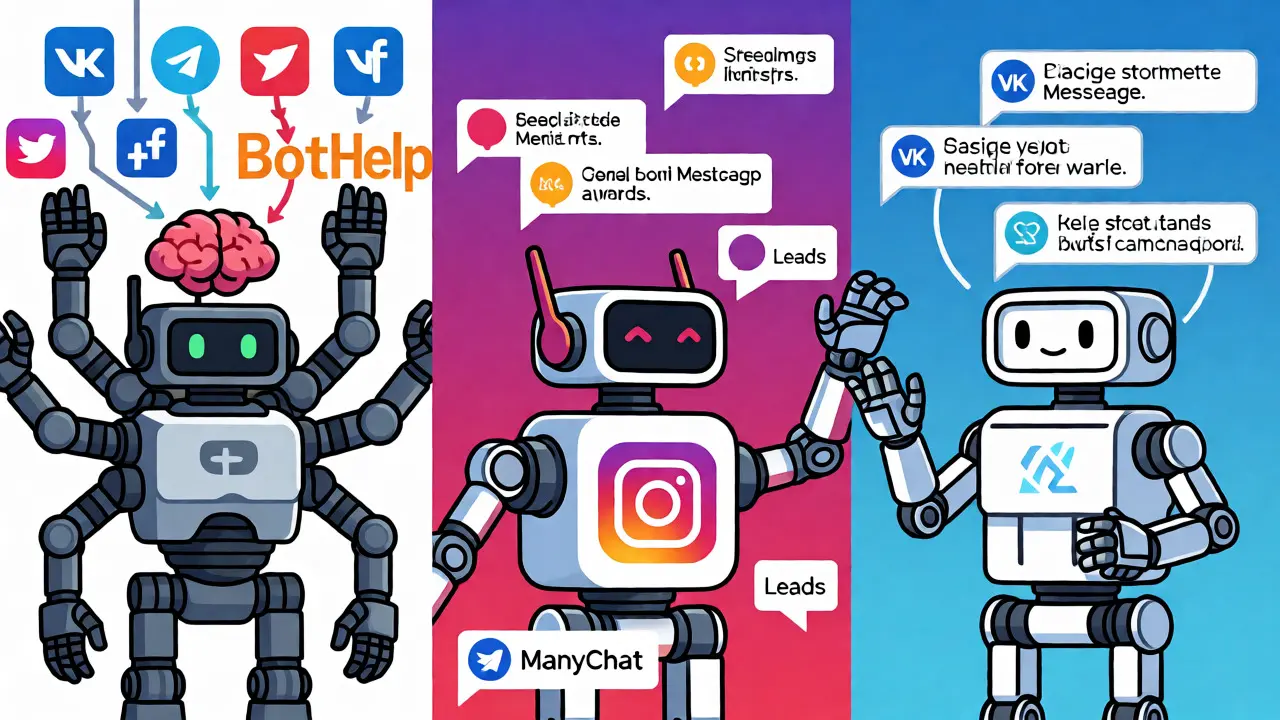 Три робота символизируют сервисы BotHelp, ManyChat и Senler